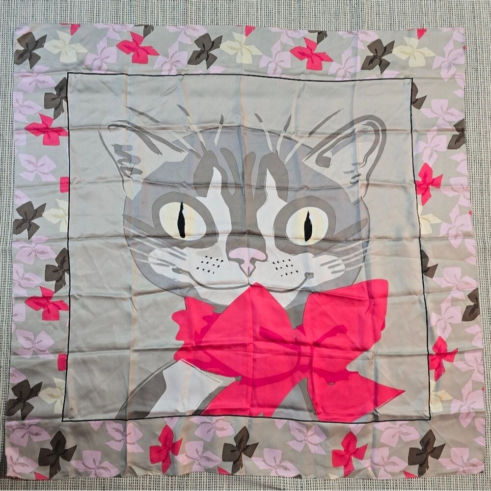 Vintage Very Vollbracht Silk Extra Large Square Scarf Wrap Cat With Bow 41 x 42"